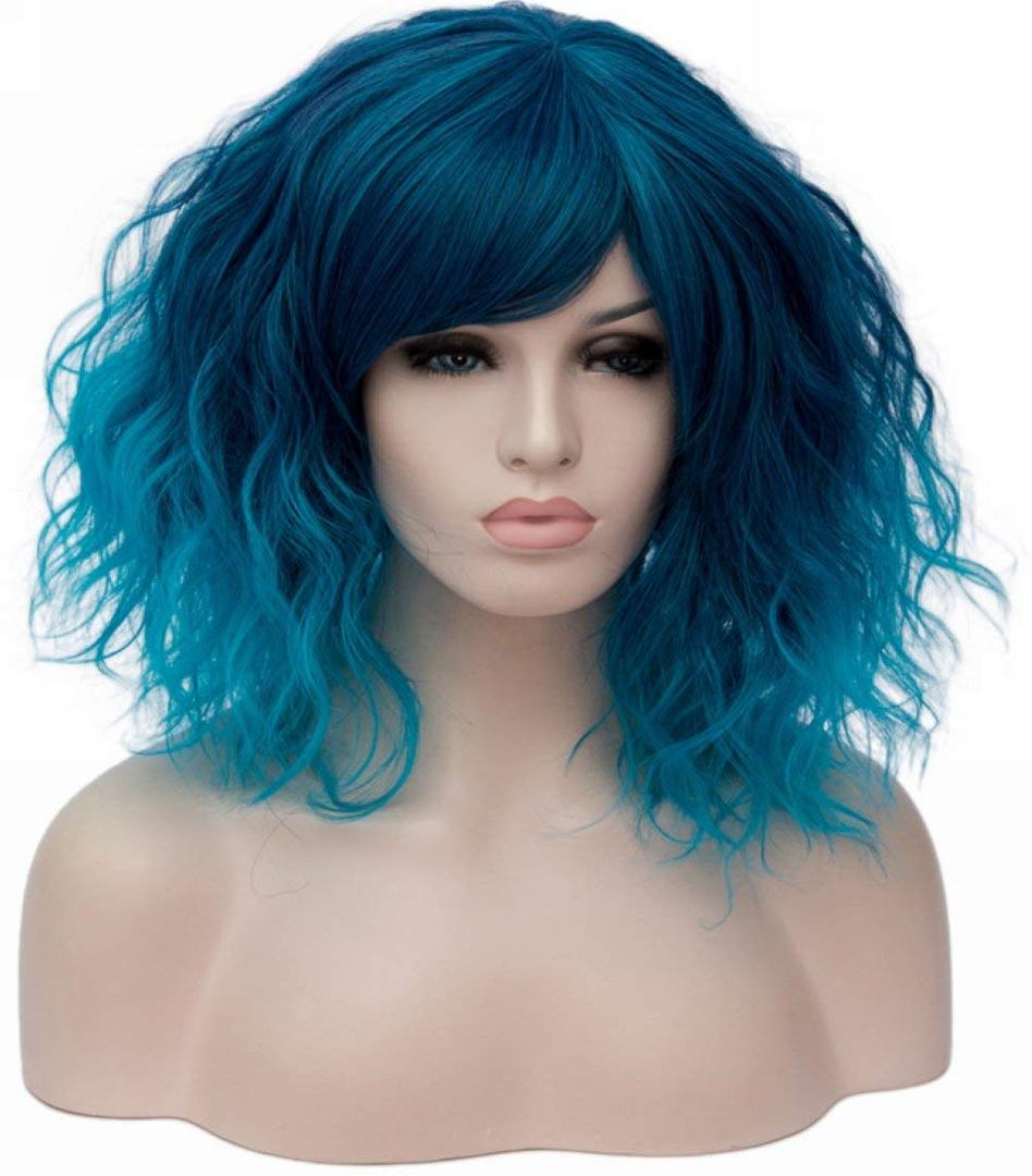 ONEUSTAR Blue Wig with Bangs Short Wavy Bob Wig Teal Wig Synthetic Cosplay Wig for Halloween Costume Party Fancy Dress Colored Wigs 14 Inches