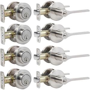 Door Handles Exterior, Keyed Entry Lever and Single Cylinder Deadbolt Combo Pack, Door knob with Lock and Key, Round Entry Door Locksets Front Door, Satin Nickel (All Keyed Alike) 4Pack