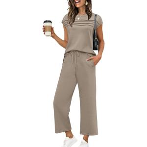 WIHOLL Workout Sets for Women 2 Piece Short Sleeve Summer Cruise Business Casual Outfits 2025 Going Out Two Piece Sets Women's Clothing Country Concert Crew Neck Tracksuits Coffee XL 