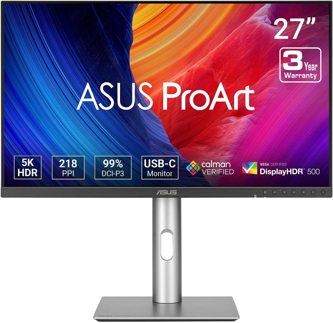 ASUS ProArt Display 27” 5K HDR Professional Monitor (PA27JCV) - 5K (5120 x 2880), IPS, 99% DCI-P3, 100% sRGB, ΔE < 2, USB-C PD 96W, Calman Verified, Color Accurate, LuxPixel