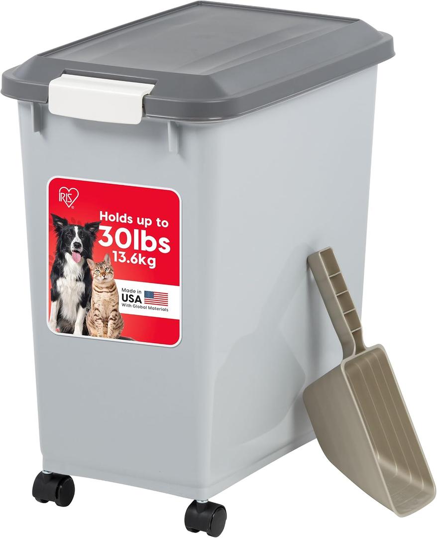 IRIS USA Dog Food Storage Container with Wheels, Airtight Lid, 2-Cup Scoop, Up to 30 Pounds Pet Food Storage, Built in Scoop Storage in Lid, Versatile Pet Food Bin, Portable, BPA Free, Gray/Dark Gray, 30 Lbs