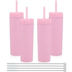 Volhoply 16oz Plastic Skinny Tumbler With Lid and Straw Bulk 4 Pack,Insulated Double Wall BPA Free Matte Acrylic Tumblers,Iced Coffee Travel Mug Reusable Party Cup,Customizable Diy Gifts(Pink,4 Set)
