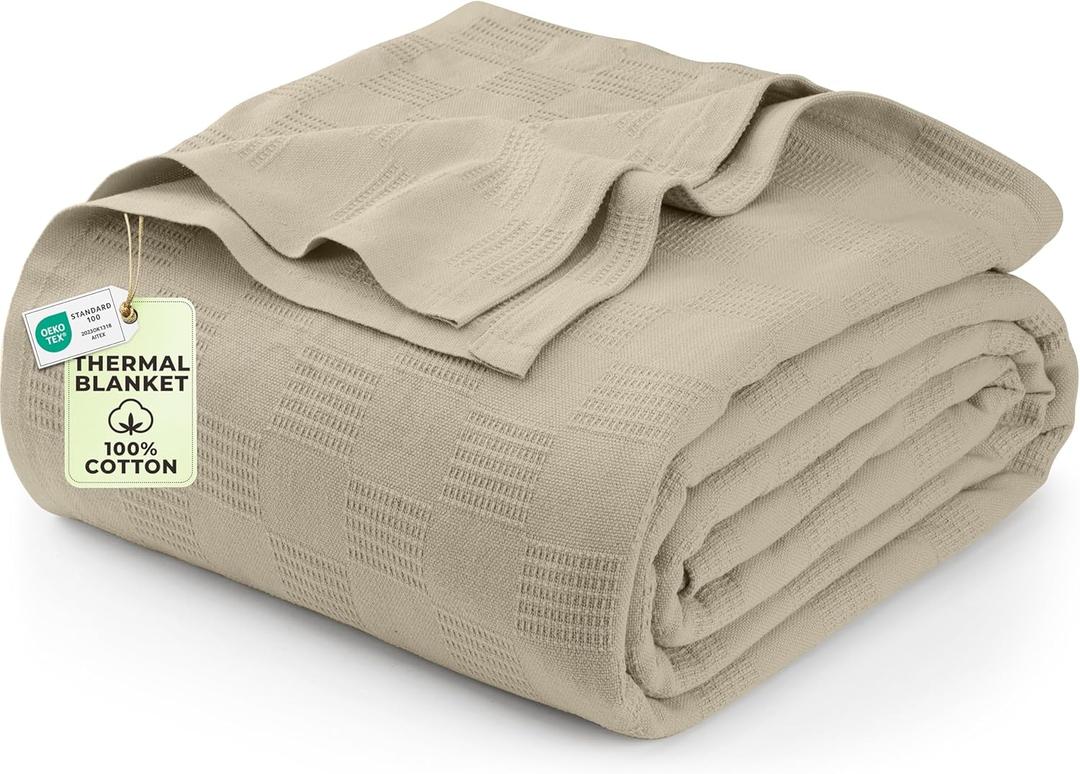Utopia Bedding 100% Cotton Thermal Blanket Khaki Queen Size Soft, Lightweight, Breathable, Cozy Spring and Summer Blankets for Bed, Home Room Decor Gifts for Women and Men (90x90 Inches)