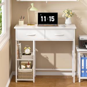 ThreeHio Small Writing Desk with 2 Drawers, White Computer Desk with Storage Shelf, Home Kids Study Table for Small Spaces, Simple Desk for Bedroom, Home Office, Living Room, Dorm, Vanity Desk, White