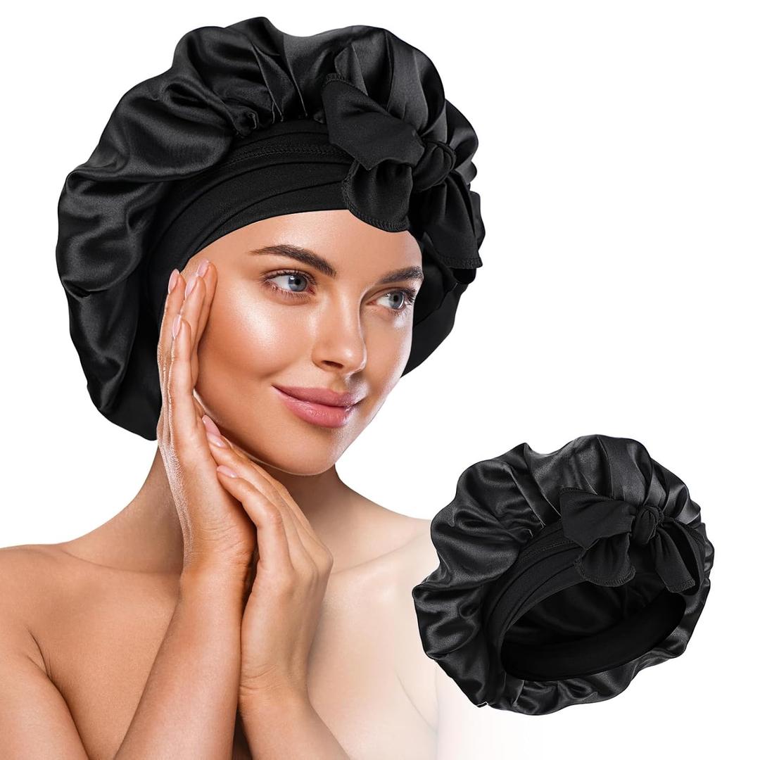 Silk Bonnet for Sleeping Women, Adjustable Satin Hair Bonnets with Elastic Tie Band Silk Head Wrap for Sleeping for Natural Curly Straight Hair (Back)