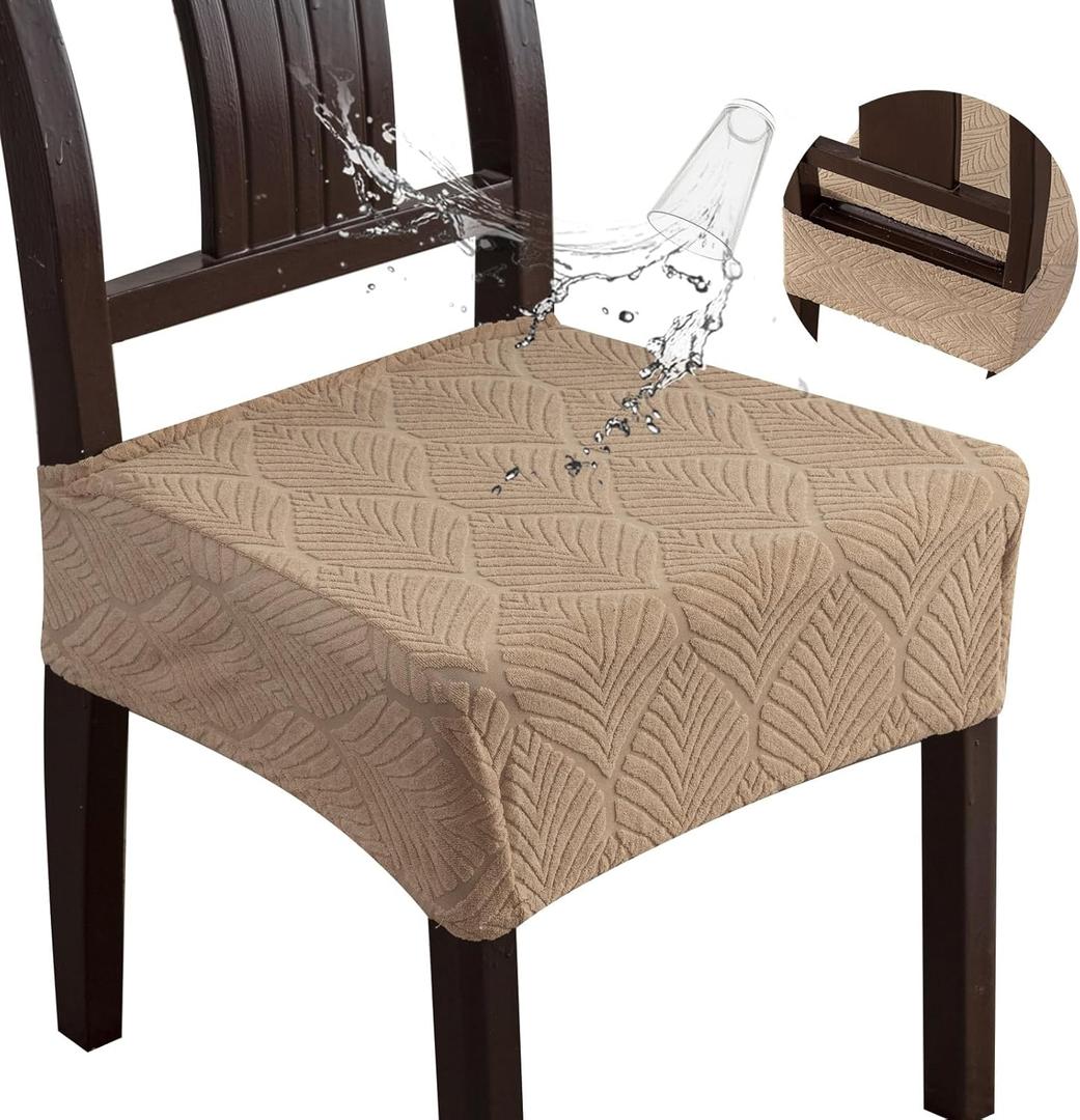 Removable and Washable Seat Covers for Dining Room Chairs Set of 2 - Waterproof Stretch Chair Seat Slipcovers, No Back Covers (2PCS-Rear-gapped, Khaki)