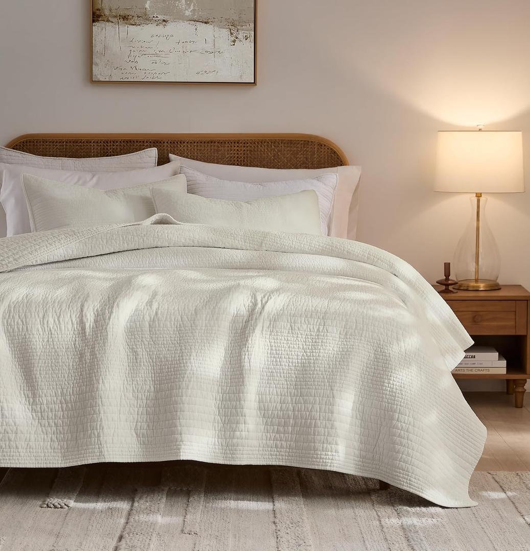 palassio Striped Beige 100% Cotton Quilt Queen Size Bedding Sets, Lightweight Crinkly Channel Pick Stitch Textured Bedspread Soft Shabby Chic Farmhouse Country Coverlet for All Season, 2 Shams