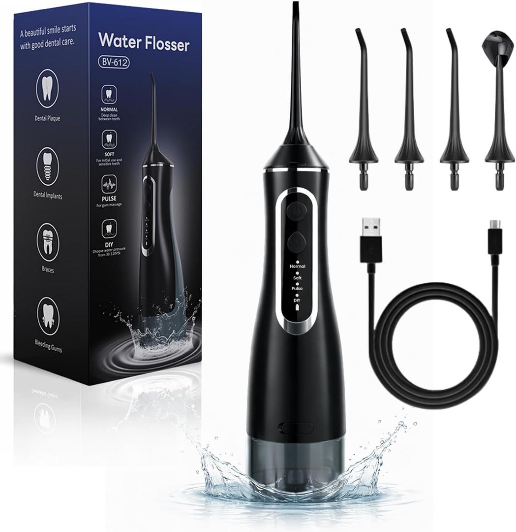 BeFit24 Water Flosser for Teeth Cordless: 320L Portable Oral Irrigator with DIY Strength for Daily Oral and Braces Care, 4 Modes & 4 Jet Tips, IPX8 Waterproof Dental Flosser for Home Travel