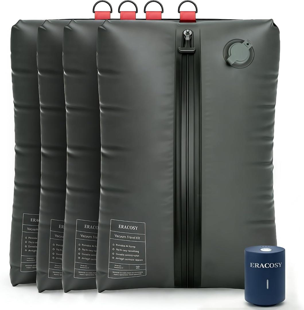 Travel Vacuum Bags with Pump, Compression Bags, Waterproof & Reusable Nylon Vacuum Travel Kit, Portable Space Saver Storage Bags with Wireless Vacuum Pump for Carry-On Backpack & Suitcase, 4 Pack