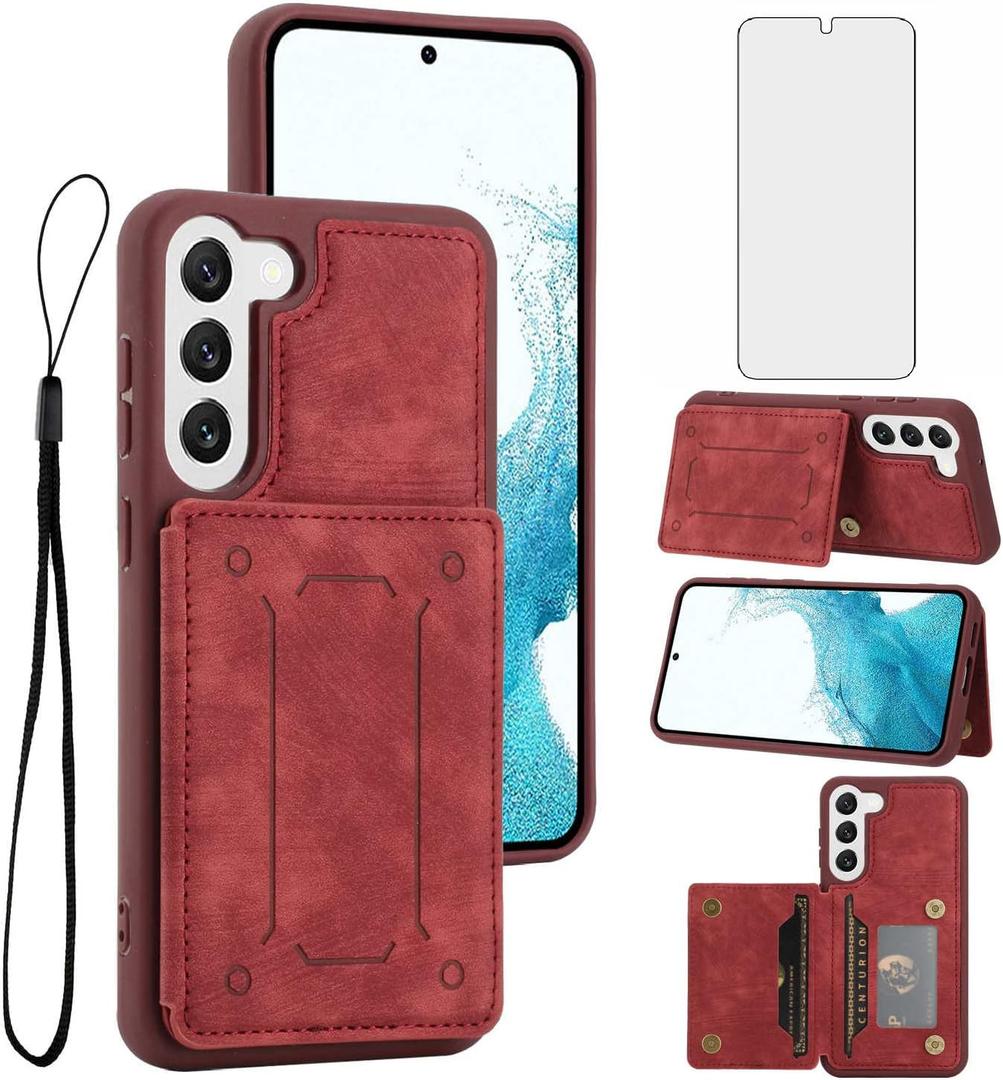 Phone Case for Samsung Galaxy S23 5G Wallet Cover with Tempered Glass Screen Protector and Slim Credit Card Holder Stand Magnetic Cell Accessories S 23 23S GS23 G5 SM-S911U 6.1 inch Women Men Boys Red