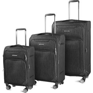 Cantor Ultra Lightweight Softside Luggage with Spinner Wheels, Set of 3, Expandable Suitcase with Retractable Handle and ID Tag, and Interlocking Zippers with TSA Lock (Black)