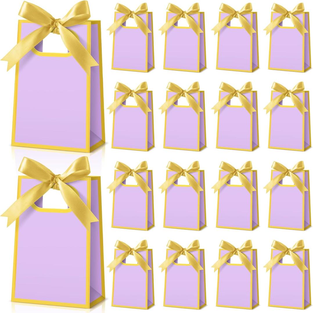 Kolldenn 24 Pcs Small Gift Bags with Bow 6.3 x 3.9 x 2.8 Inch Thank You Gift Bags Elegant Mini Paper Bag with Handles for Wedding Bridal Birthday Baby Shower Bridesmaid Party Favors(Purple Gold)