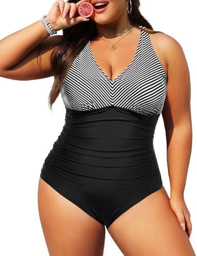 Aqua Eve Women Plus Size One Piece Swimsuits V Neck Tummy Control Bathing Suits Retro Ruched Swimwear Size 20W