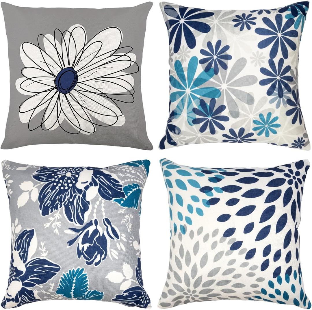Baidast Blue Decorative Throw Pillow Covers 18x18 Set of 4, Blue and Grey Modern Daisy Floral Pillows Linen Pillow Covers for Couch Sofa Living Room