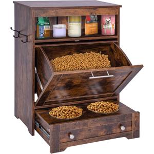 Dog Feeding Station with Storage, Pet Feeding Station Food Storage Cabinet with 2 Elevated Dog Bowls for Water and Feeding Supplies, Dog & Cat Storage Organizer with Drawer, Brown