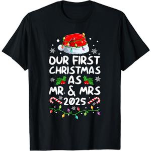 Our First Christmas As Mr Mrs 2025 Matching Couples Pajamas T-Shirt (Large, Black)