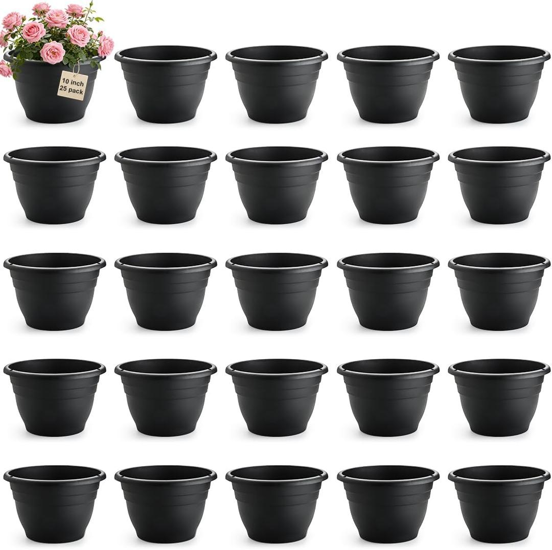 RooTrimmer 25 Pack 10 Inch Plant Pots with Drainage Holes,Black Plastic Flower Pots for Indoor & Outdoor Plants,Durable Lightweight Planters for Flowers,Herbs & Gardening