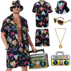 80s 90s Outfit for Men, Hawaiian Vintage Shirt &Shorts Set, Hip-Hop Costume for Halloween Disco Retro Theme Party (3X-Large, Black)