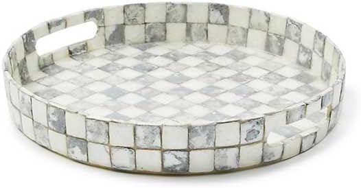 MACKENZIE-CHILDS Capiz Round Tray, Gray-and-White Sterling Check | Hand-applied design, made from capiz seashell, circular serving platter for food and drinks, 14" dia. x 2" H