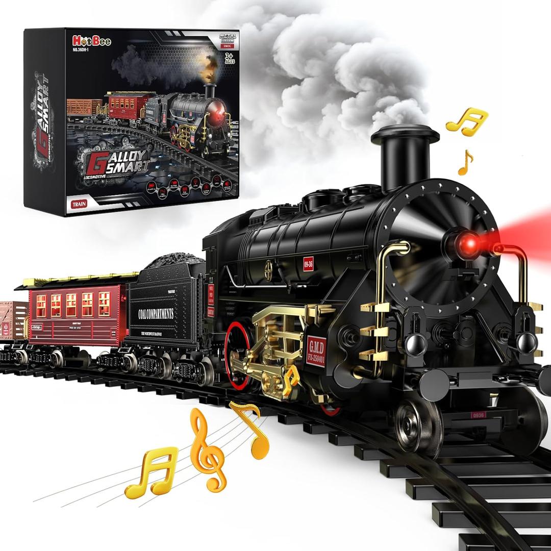 Hot Bee Train Set - Alloy Train Toys for Boys w/Glowing Carriage & Silent, Toy Train w/Smokes, Lights & Sound, Christmas Tree Train w/Steam Locomotive, Model Trains for 3 4 5 6 7 8+ Years Old Kids