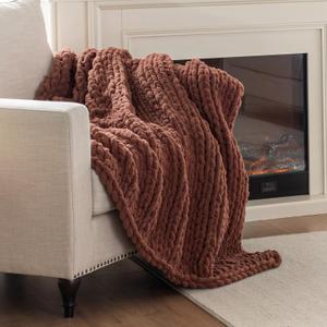 Chunky Knit Blanket Throw, 100% Hand Knit Throw Blanket Handmade Chenille Cable Knit Throw for Couch, Stylish Cozy Soft Rope Knot Crochet Blanket for Home Decor, Copper Brown, 50x60 Inches  