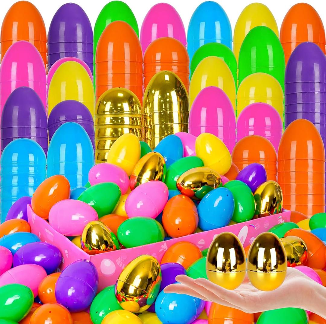Olixmlya [6 Golden Eggs] 300 PCS 2.4" Fillable Plastic Easter Eggs Empty Easter Eggs Colorful Plastic Eggs Bulks Easter Basket Stuffers Hunt Easter Party Favor for Kids Teens Boys Girls
