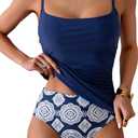 Eomenie Women's Swimsuit Tankini Tummy Control Bathing Suits Two Piece Full Coverage Slim Swim Suits with High Waisted Bottom (X-Large, Blue and White Printed)