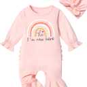KANGKANG Newborn Girl Clothes Onesie for Baby Girl Ruffle Romper Boho Infant Bell Bottom Jumpsuit with Headband Hat (Pink & Rainbow)