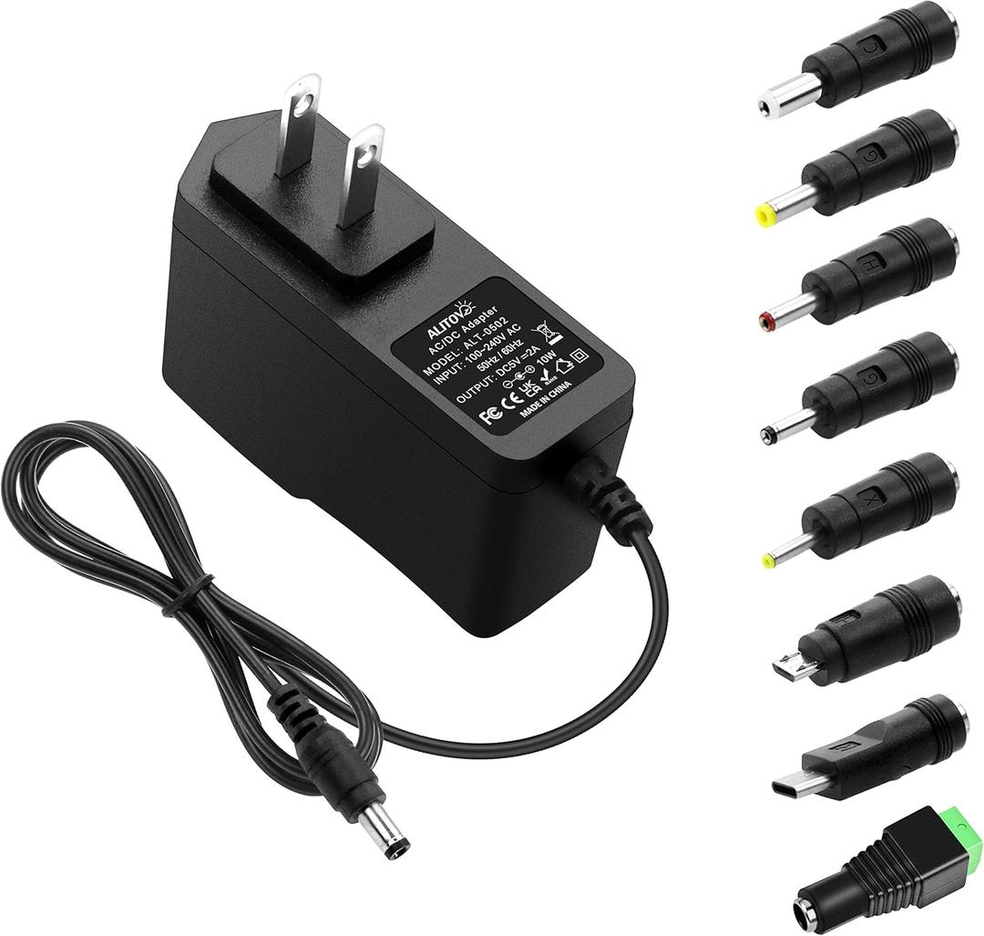 ALITOVE 5V 2A Power Supply Adapter Charger 5 Volt 10W AC 100-240V 50-60Hz Replacement Power Cord 2000mA 1500mA 1A with 8 Tips for Security Camera Baby Monitor Digital Photo Frame TV Box LED Light (Black)