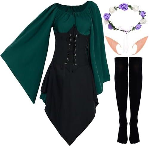 yeabwps Medieval Fairy Cosplay Set Women Traditional Irish Viking Dress Fairy Ears Floral Crown for Halloween. Size XXL.
