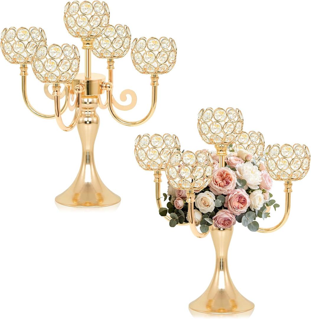5 Arm Metal Crystal Candelabra Centerpiece - 13.4 Inch Elegant Candle Holder with Crystal Beads for Wedding Party Christmas Home Dining Table Decoration (2, Gold)