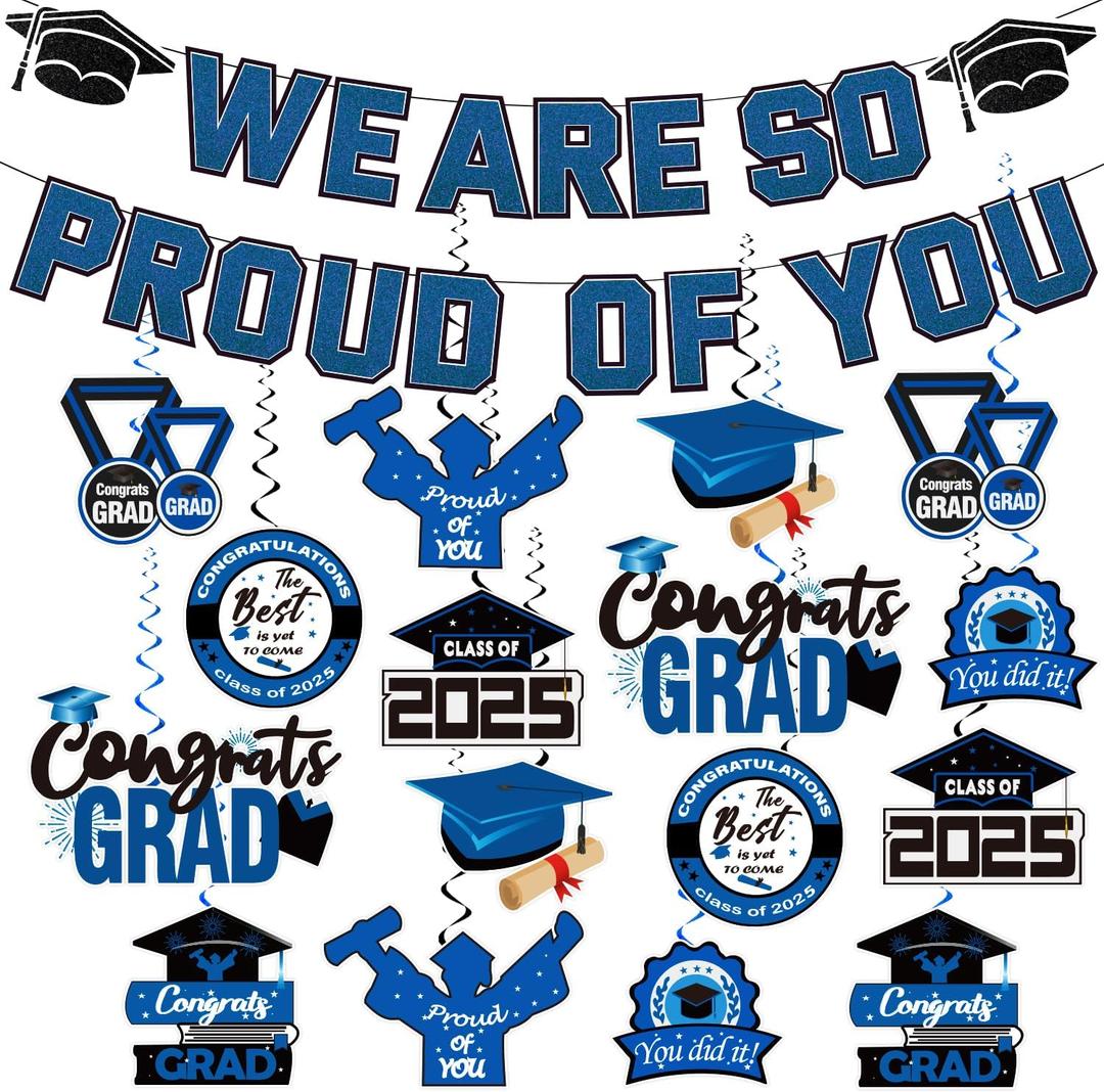 LARRAZABAL Blue Graduation Decorations 2025, We are So Proud of You Graduation Banner and Congrats Grad Hanging Swirls Decorations, College Graduation Party Decorations Class of 2025