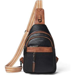7L Sling Bag For Women Men Backpack Fanny Pack Crossbody Chest Travel Shoulder Belt Bags Purse Handbag PU Leather (Black W/ Brown Trim)