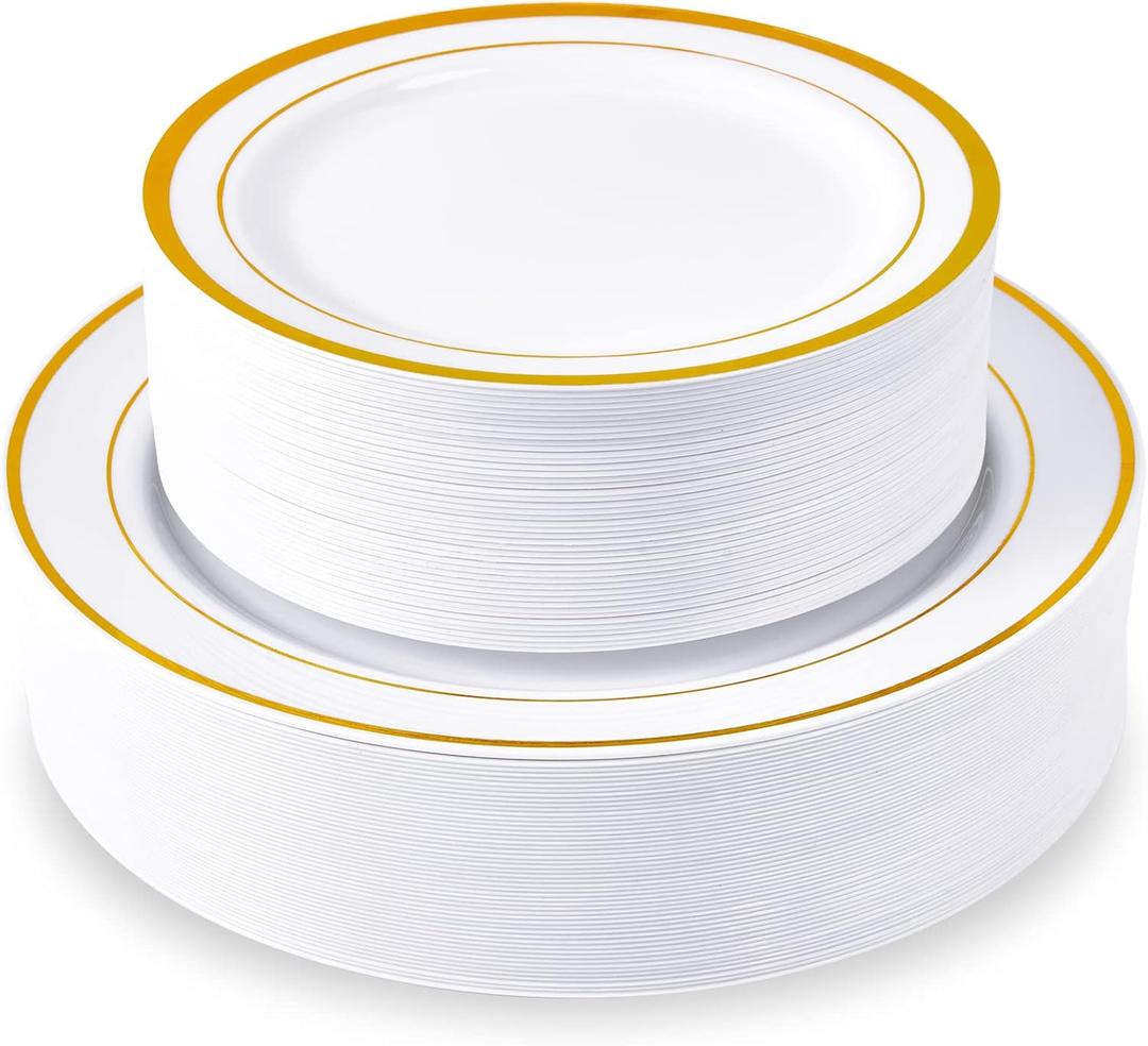 100 Piece Disposable Gold Plastic Party Plates, Including 50 10 Inch Dinner Plates and 50 7 Inch for Dessert, Great for Parties, Weddings, Home Use, and Christmas