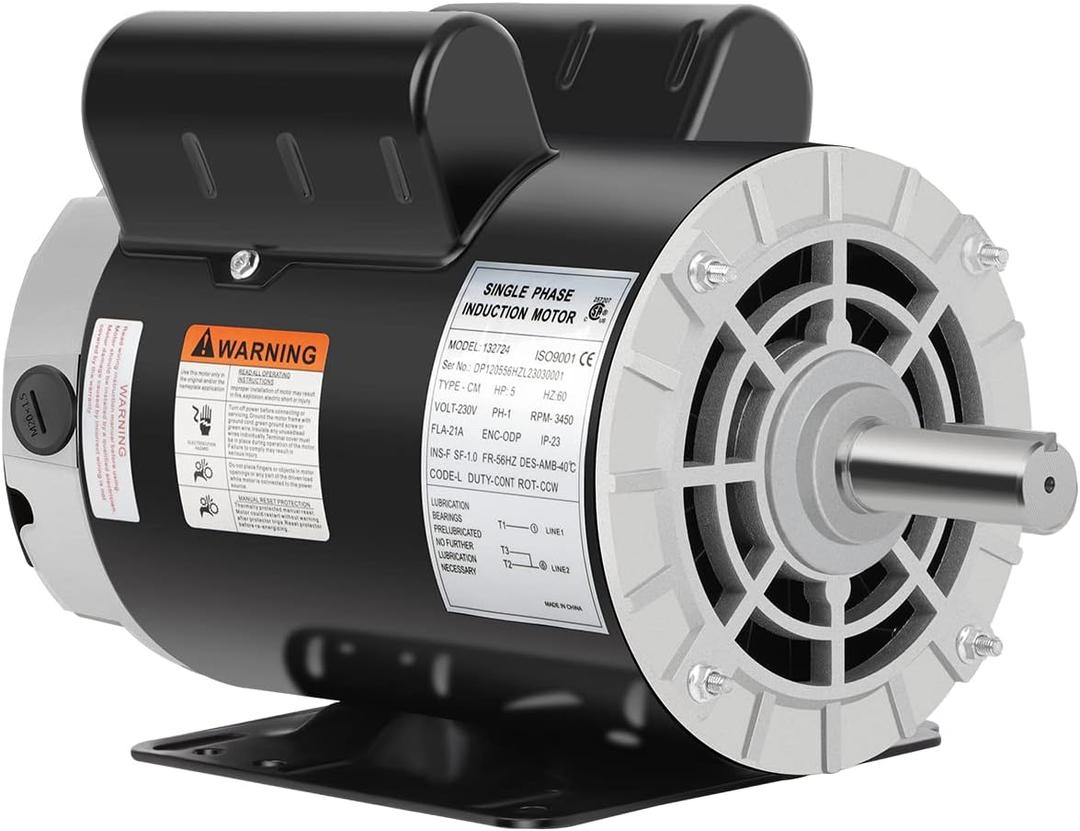 5 HP Air Compressor Motor, 3450 RPM Electric Motor, 230V Single Phase Motor, 56HZ Frame 7/8"Keyed Shaft 60 Hz, Commercial-Duty CCW Rotation, 2.25" Shaft Length for Air Compressors