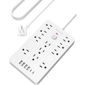 Surge Protector Power Strip - 11 Outlets(1850W/15A) with 6 USB Ports(2 USB C), 10FT Flat Plug Extension Cord, Wall Mount, White, ETL Listed for Home, Dorm Room