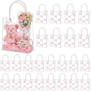 Tioncy 24 Pcs Pink Bow Gift Bags with Handles Mother's Day Bow Clear PVC Goodie Treat Candy Bag Bows Theme Present Wrap Tote Bags for Birthday Party Favor Weddings Decoration Bridesmaid Supplies