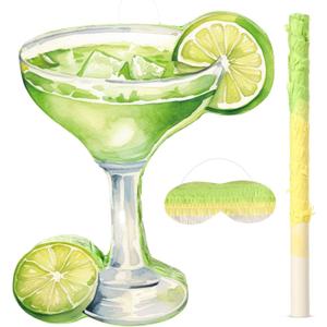 Gilprop Margarita Piñata with Stick Blindfold Tequila Wine Glass Adult Piñata Green Lemon for Margs Matrimony Bachelor Wedding Bridal Shower Photo Prop Funny Summer Birthday Party Supplies