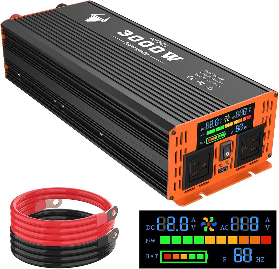 3000 Watt Power Inverter, Car/Home 12V DC to 110V AC Converter, with LED Display, Dual AC Outlets, USB Port, Dual Smart Fans, Cables Included, Suitable for Home, RV