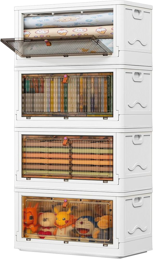 4 Tier Storage Bins with Lids 102QT - Stackable Containers with Wheels, Folding Boxes, Set of 25 (White)