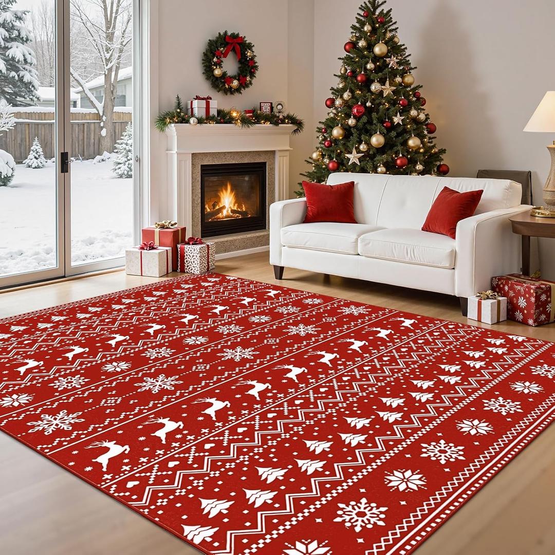 Pauwer Christmas Washable Area Rug 8x10 Soft Living Room Bedroom Floor Carpet Mat Indoor Farmhouse Vintage Non Slip Accent Throw Rugs for Entryway Kitchen Dorm Dining Room