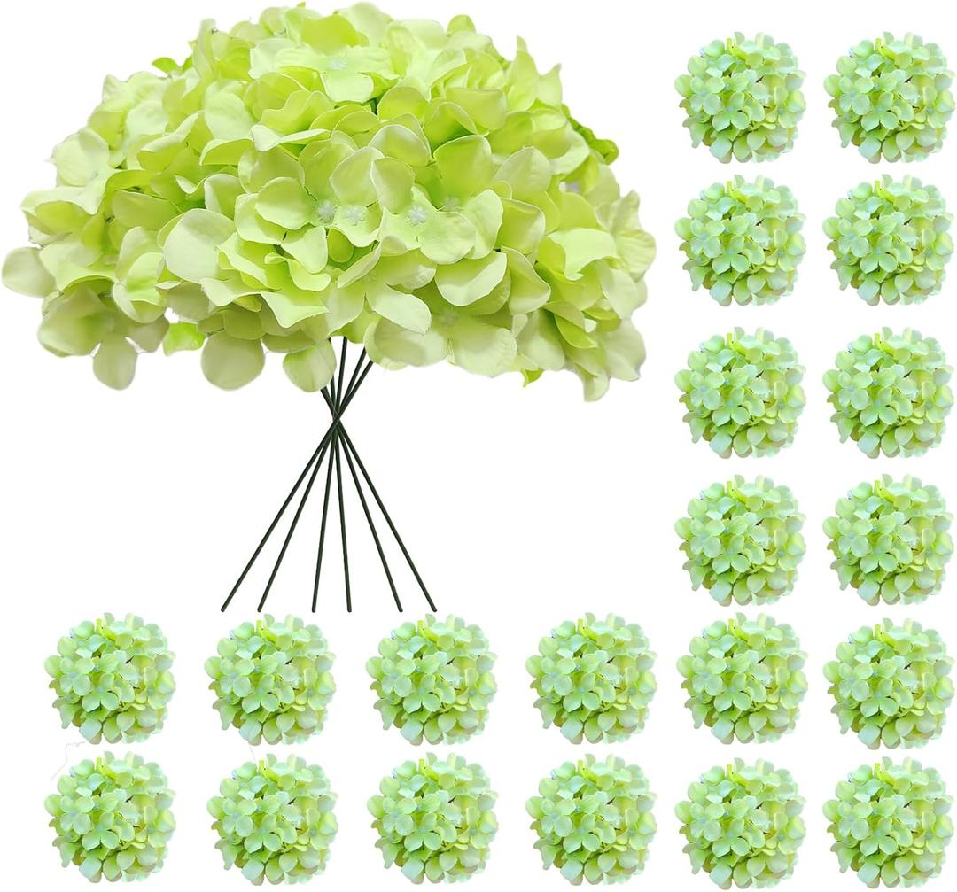 20 Pcs Green Hydrangea Artificial Flowers Bulk, Faux Hydrangea Flowers Heads, Artificial Fake Silk Hydrangea Flowers with Stems, Green Flowers Artificial for Decoration Wedding Dcor Crafts