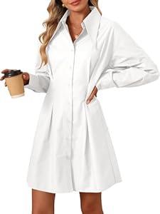 OUKODS Womens Button Down Shirt Dresses Cotton Button Up Tunics Long Sleeve Solid High Low Blouse Waist Up Dress, White, Small