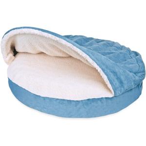 Furhaven 26" Round Orthopedic Dog Bed for Medium/Small Dogs w/ Removable Washable Cover, For Dogs Up to 30 lbs - Sherpa & Suede Snuggery - Blue, 26-inch