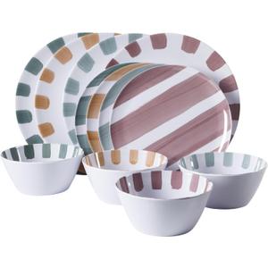 Gibson Home Cottage Stripes 12-Piece Melamine Plates and Bowls Dinnerware Set - Outdoor, Camping, & Everyday Use - Assorted Colors (Service for Four (12pcs))