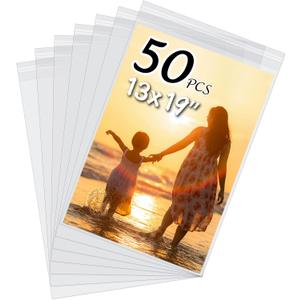 50 Pack Acid-Free Crystal Clear Sleeves Storage Bags for 13x19 Art Prints/Pictures/Photos/Framing Mat Mattes (Bag Size: 13 2/5" x19 1/2")