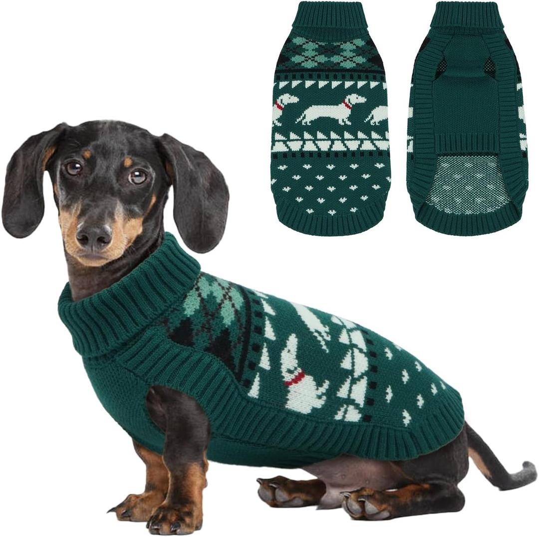 Lelepet Dachshund Sweater, Turtleneck Dog Sweaters for Small Dogs, Warm Pullover Knitted Pet Coat, Cold Weather Dachshund Clothes, Fall/Winter Cozy Outfit (XS-XL) (Green)