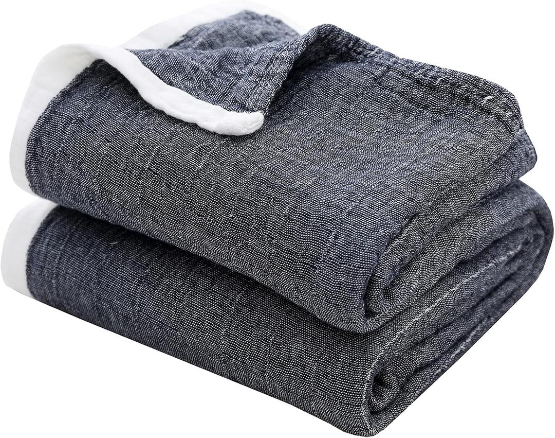 SE SOFTEXLY Muslin Throw Blanket for Adults 4-Layer Soft Throw Blankets for Couch Breathable Cotton Blankets All Season Lightweight Pre-Washed Bed Throw Twin Blanket (60"x80",Dark Blue)