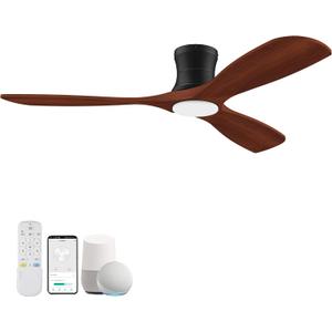52 Smart Low Profile Ceiling Fans with Lights Remote,3 Wood blade,Quiet DC Motor,Outdoor Indoor Flush Mount Ceiling Fan,Voice Control via WIFI Alexa App,Modern Lighting& Ceiling fan for Bedroom Patio