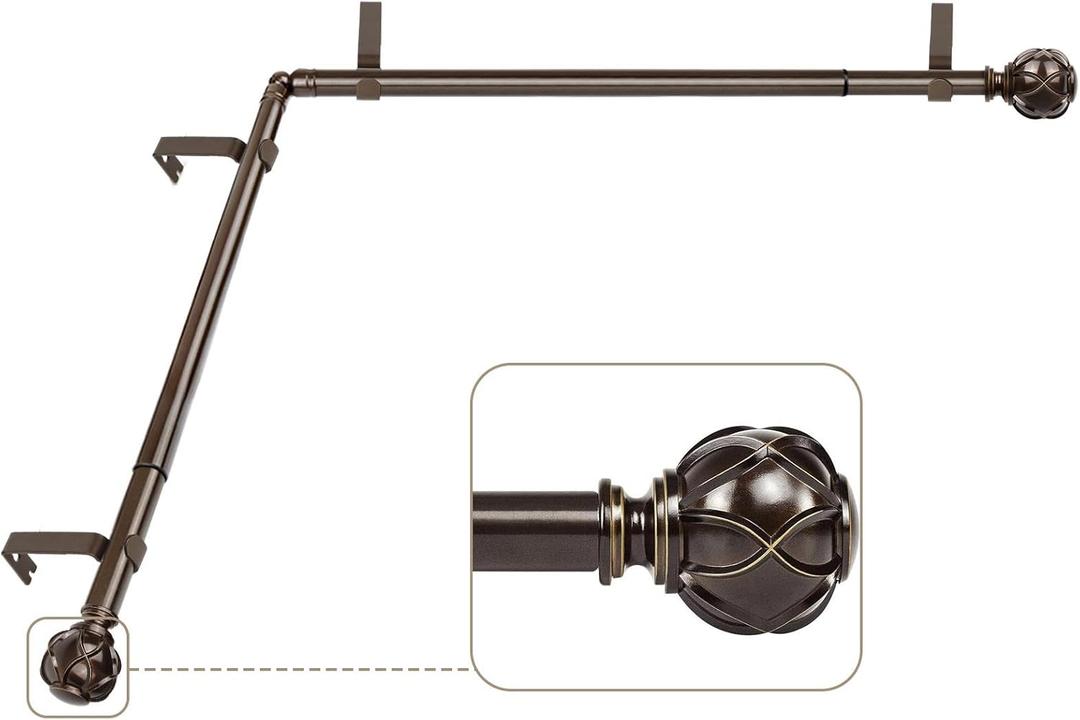 KAMANINA 1 Inch Corner Curtain Rod 36 to 72 Inches (3-6 Feet), Bronze Curtain Rods for Corner Windows 24 to 68 Inches, Netted Texture Ends